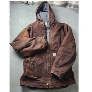 Carhartt J168 DKB Hooded Sandstone Jacket Mens XL Tall Dark Brown Fleece Lined